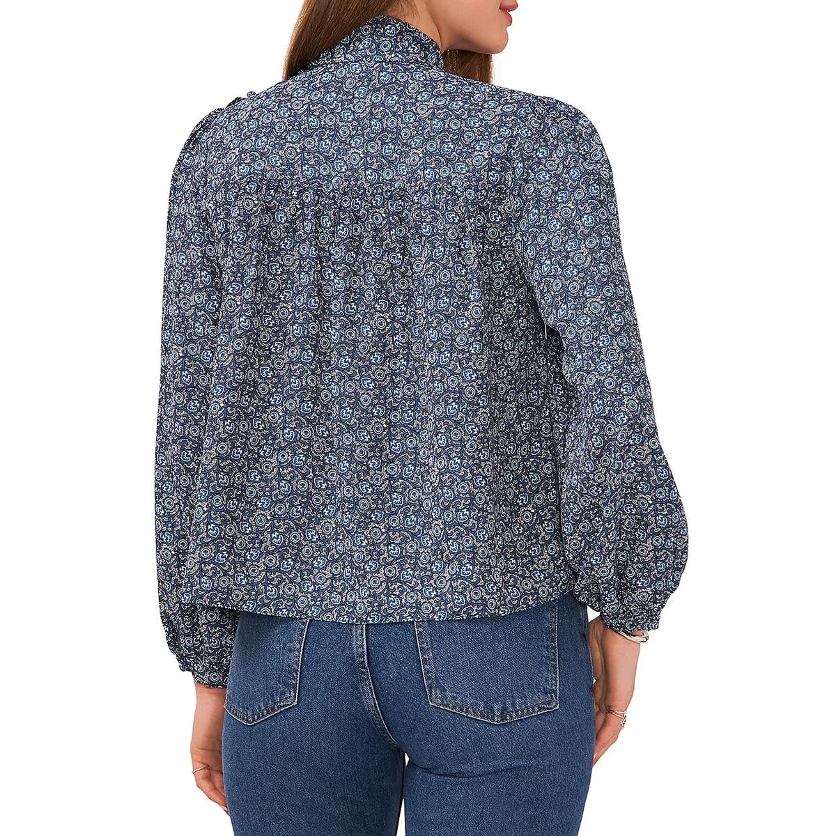 1.State Womens Collar Snap Button Tie Neck Pullover Top