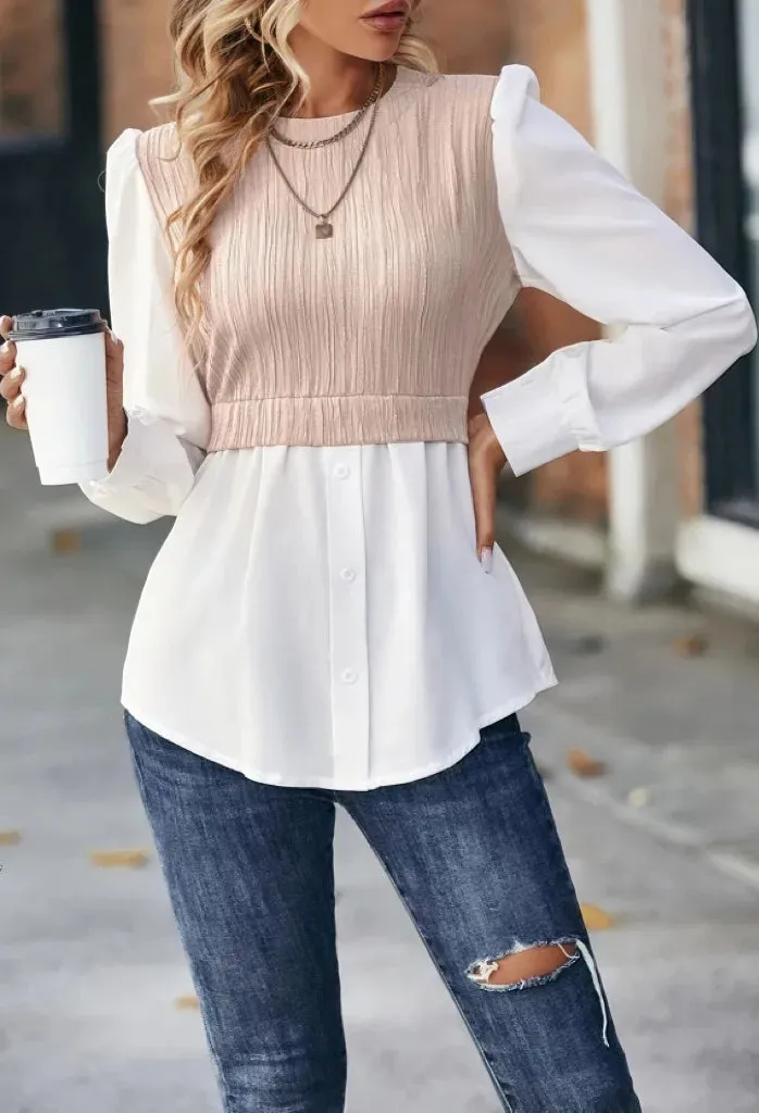 2024Women New Round Neck Wave Splice Fashion Tops Office Women's Shirt Leisure Blouse Elegantes Mujer Blusas Femininas Elegantes