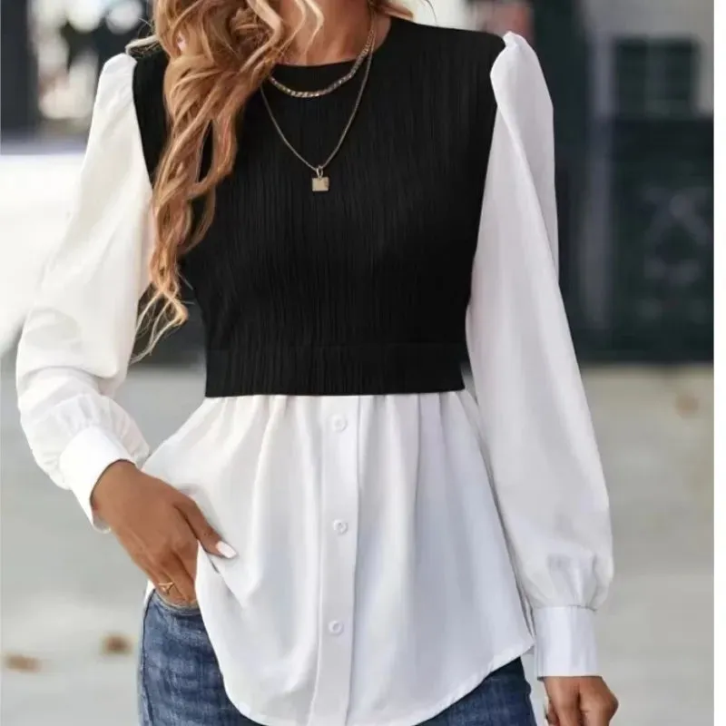 2024Women New Round Neck Wave Splice Fashion Tops Office Women's Shirt Leisure Blouse Elegantes Mujer Blusas Femininas Elegantes