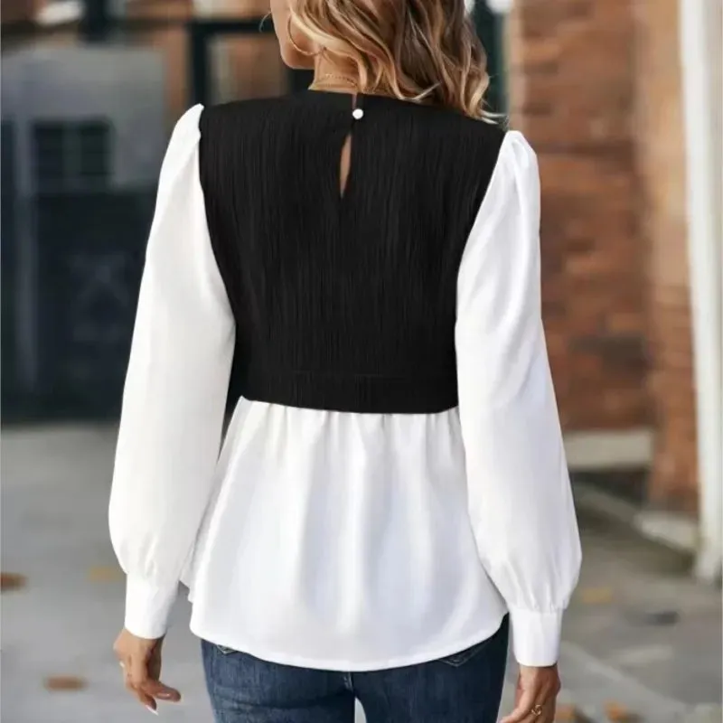 2024Women New Round Neck Wave Splice Fashion Tops Office Women's Shirt Leisure Blouse Elegantes Mujer Blusas Femininas Elegantes