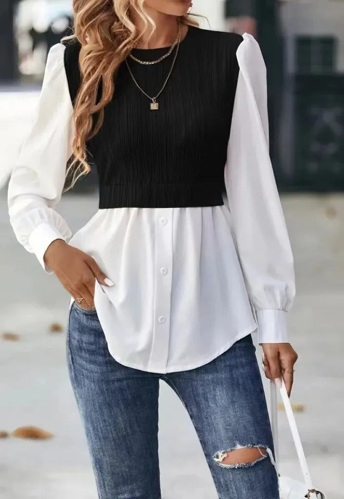 2024Women New Round Neck Wave Splice Fashion Tops Office Women's Shirt Leisure Blouse Elegantes Mujer Blusas Femininas Elegantes