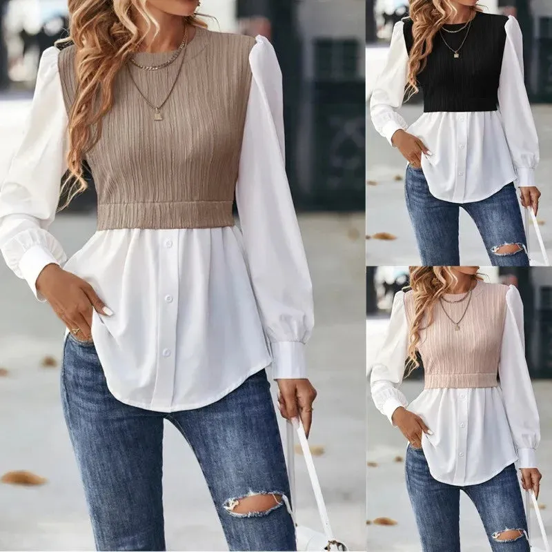 2024Women New Round Neck Wave Splice Fashion Tops Office Women's Shirt Leisure Blouse Elegantes Mujer Blusas Femininas Elegantes