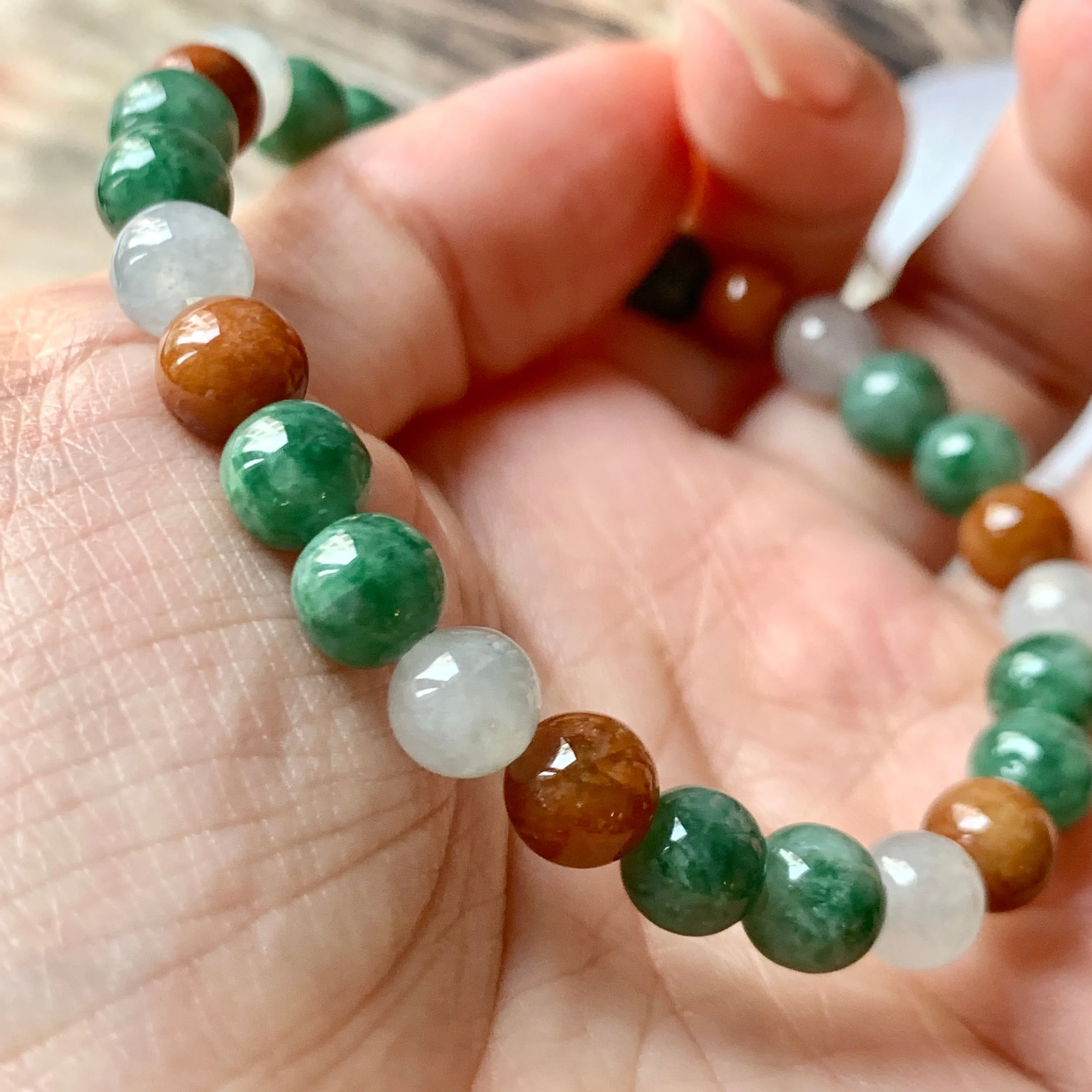 7.4mm A-Grade Natural Tri-Colour Jadeite Beaded Bracelet No.190347