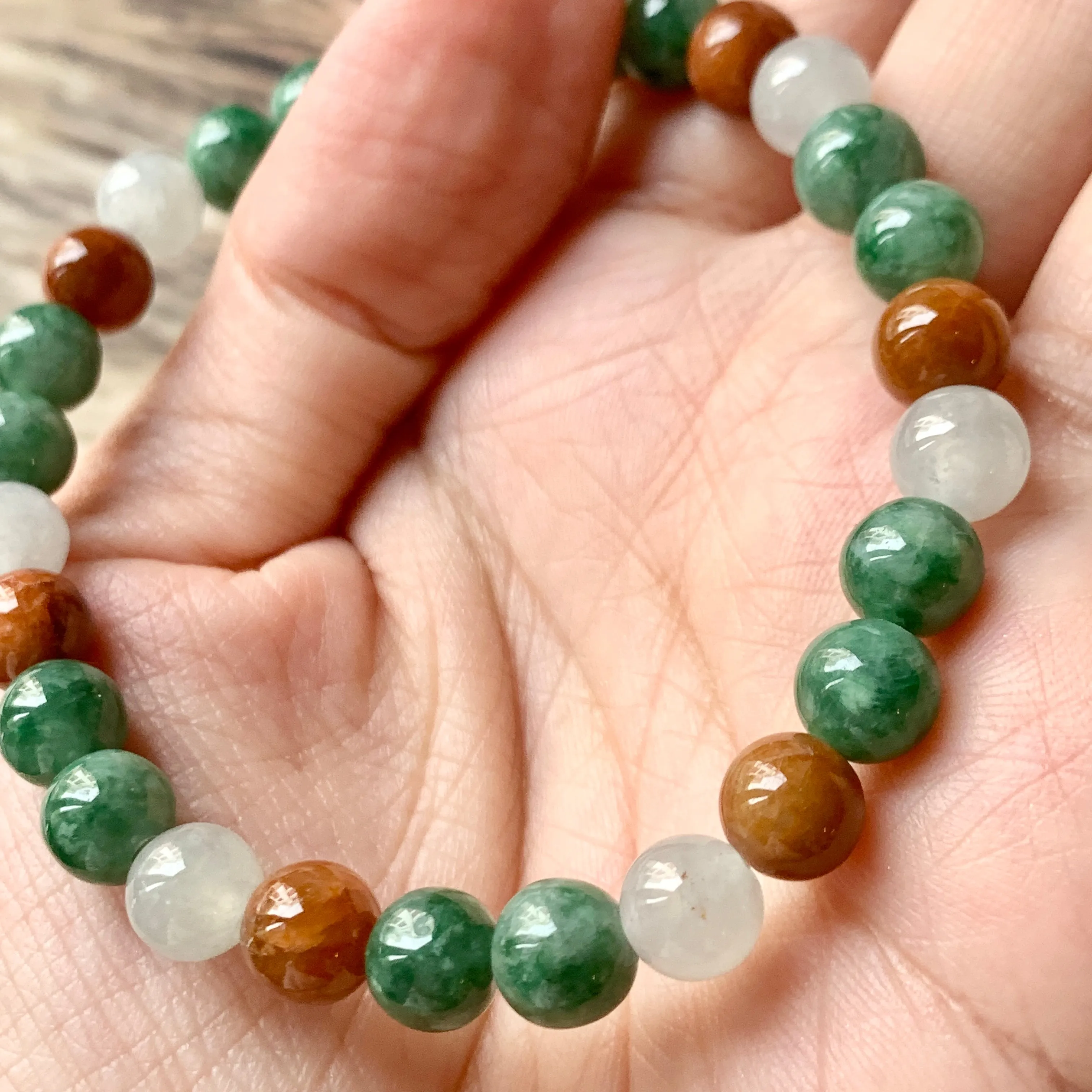 7.4mm A-Grade Natural Tri-Colour Jadeite Beaded Bracelet No.190347