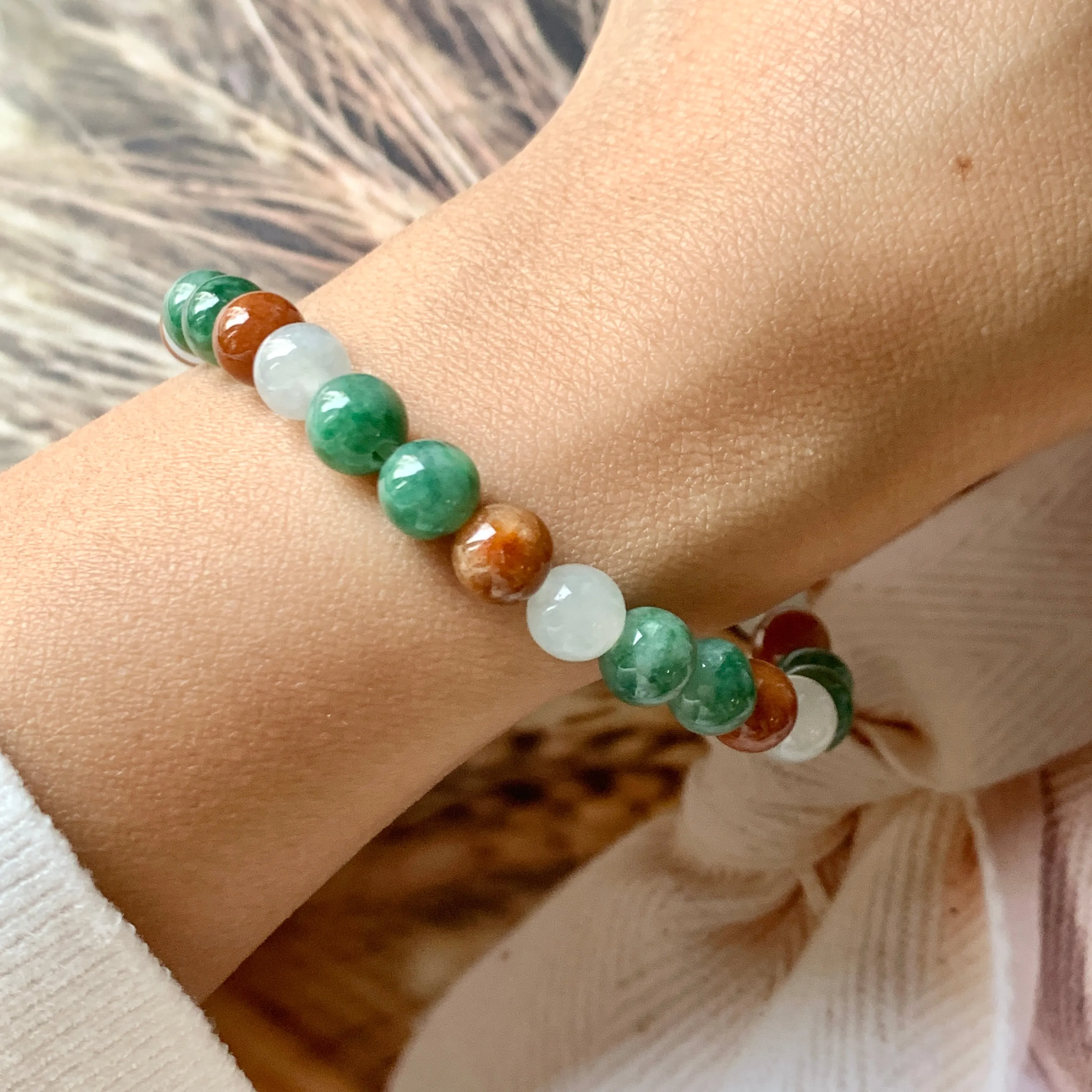 7.4mm A-Grade Natural Tri-Colour Jadeite Beaded Bracelet No.190347