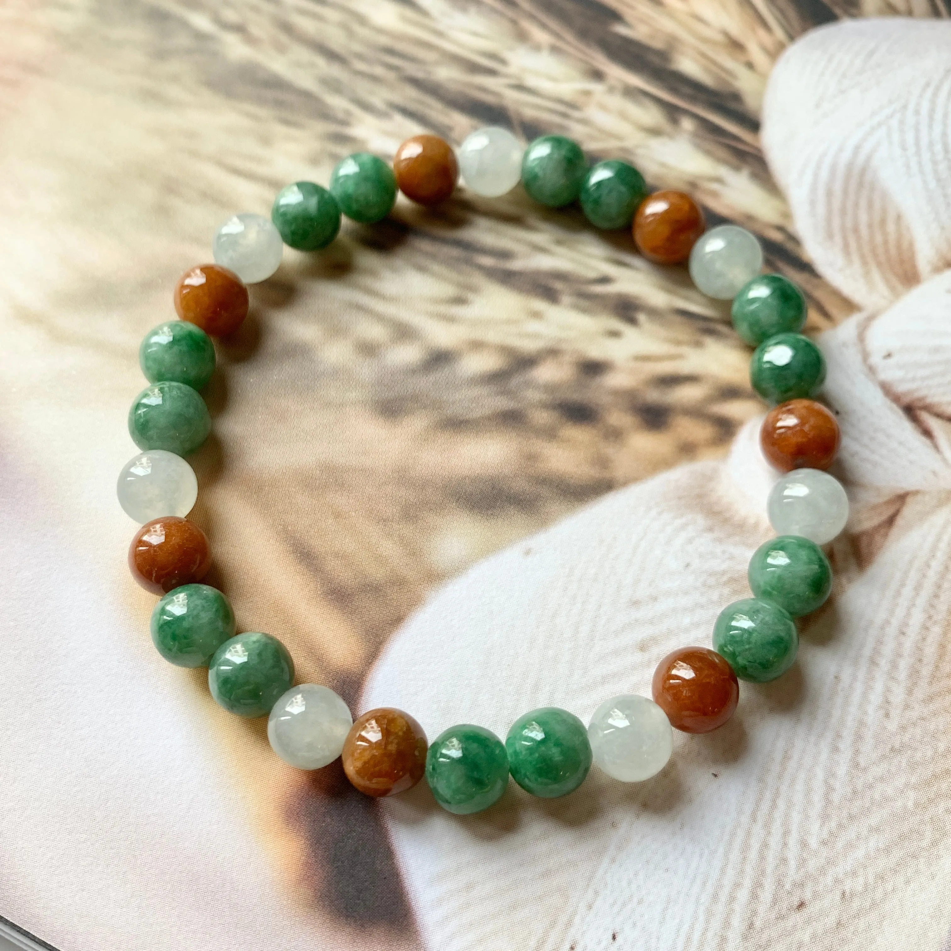 7.4mm A-Grade Natural Tri-Colour Jadeite Beaded Bracelet No.190347