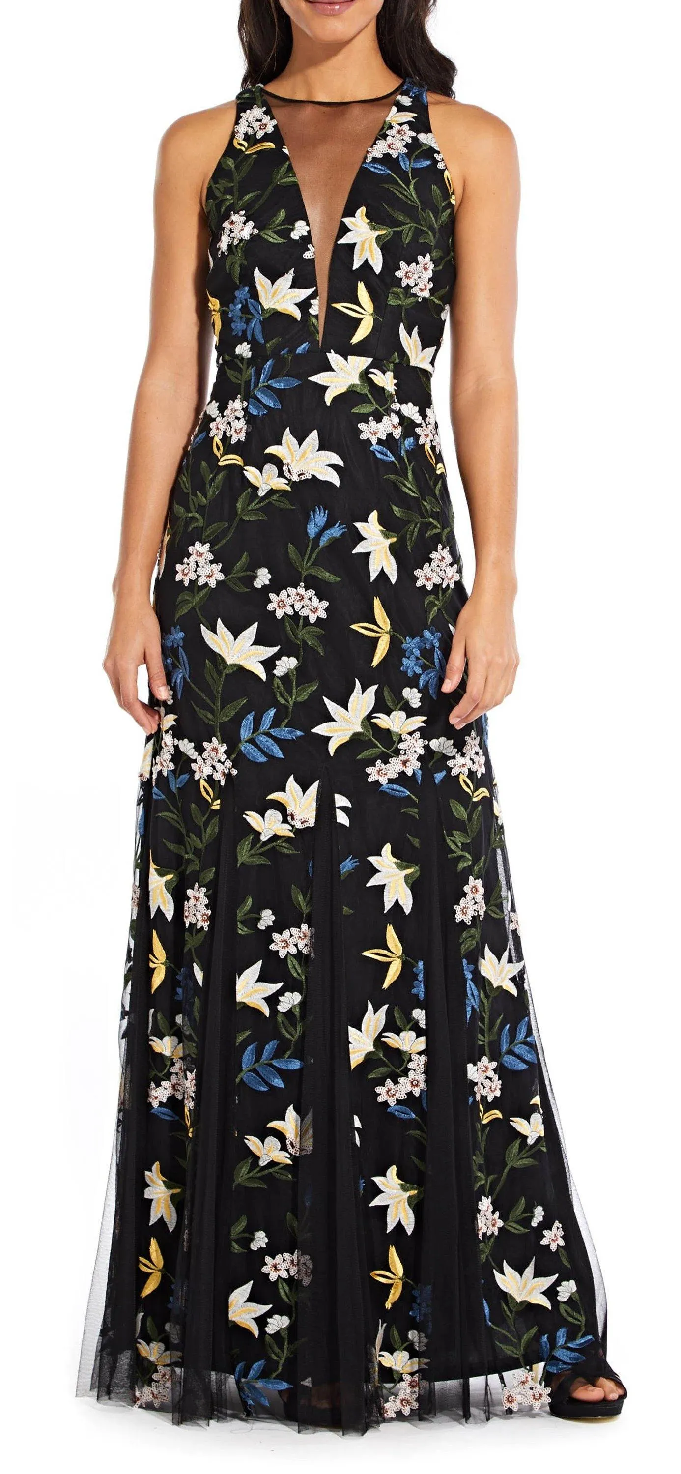 Adrianna Papell AP1E204822 Long Sleeveless Floral Mesh Formal Dress