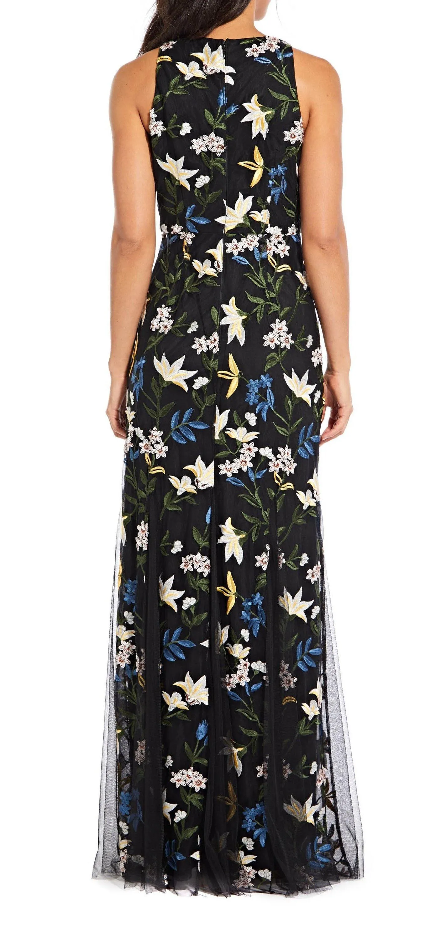 Adrianna Papell AP1E204822 Long Sleeveless Floral Mesh Formal Dress