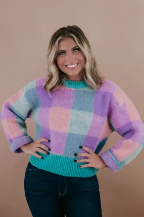 BY TOGETHER:Gingham Pullover Sweater, Jade Multi