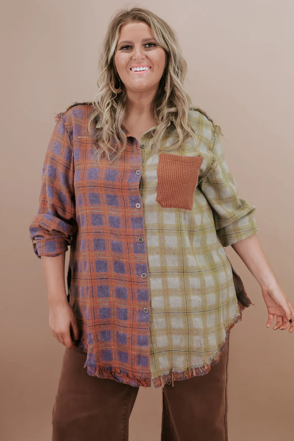 Collared Contrast Plaid Top, Violet/ Beige