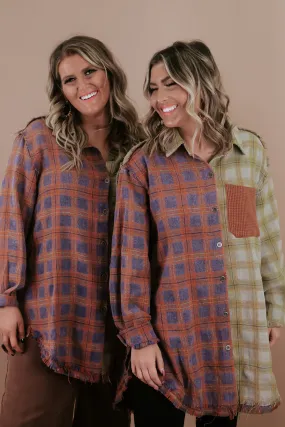 Collared Contrast Plaid Top, Violet/ Beige