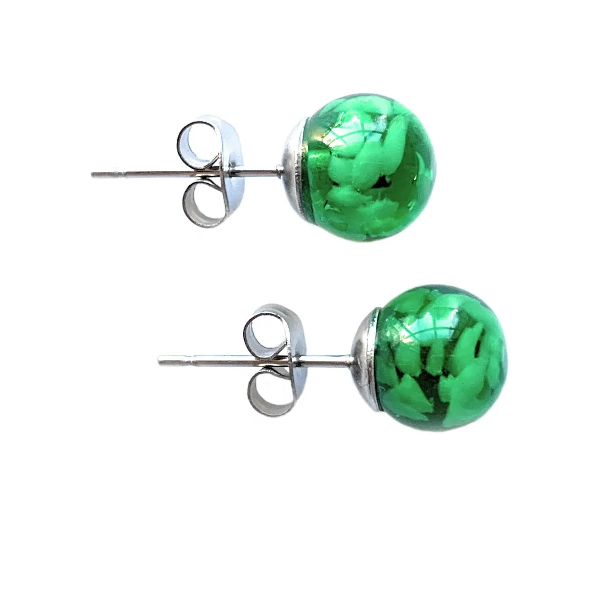 Earrings with green translucent and white flake Murano glass sphere studs on surgical steel posts