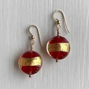 Earrings with red translucent and gold Murano glass medium lentil drops on silver or gold