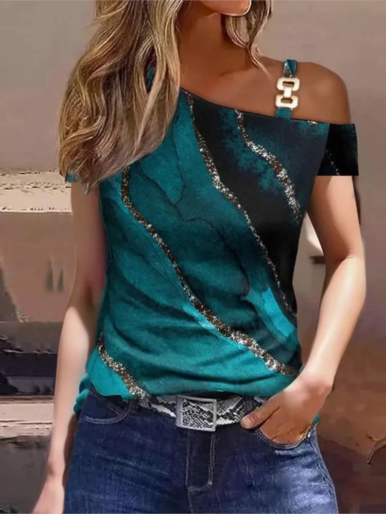 Fashion Off Shoulder Short Sleeve Blouse For Women Metal Sheet Diagonal Shirt Causal Loose Elegant Office Blouses And Shirts
