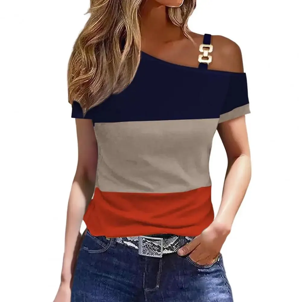 Fashion Off Shoulder Short Sleeve Blouse For Women Metal Sheet Diagonal Shirt Causal Loose Elegant Office Blouses And Shirts