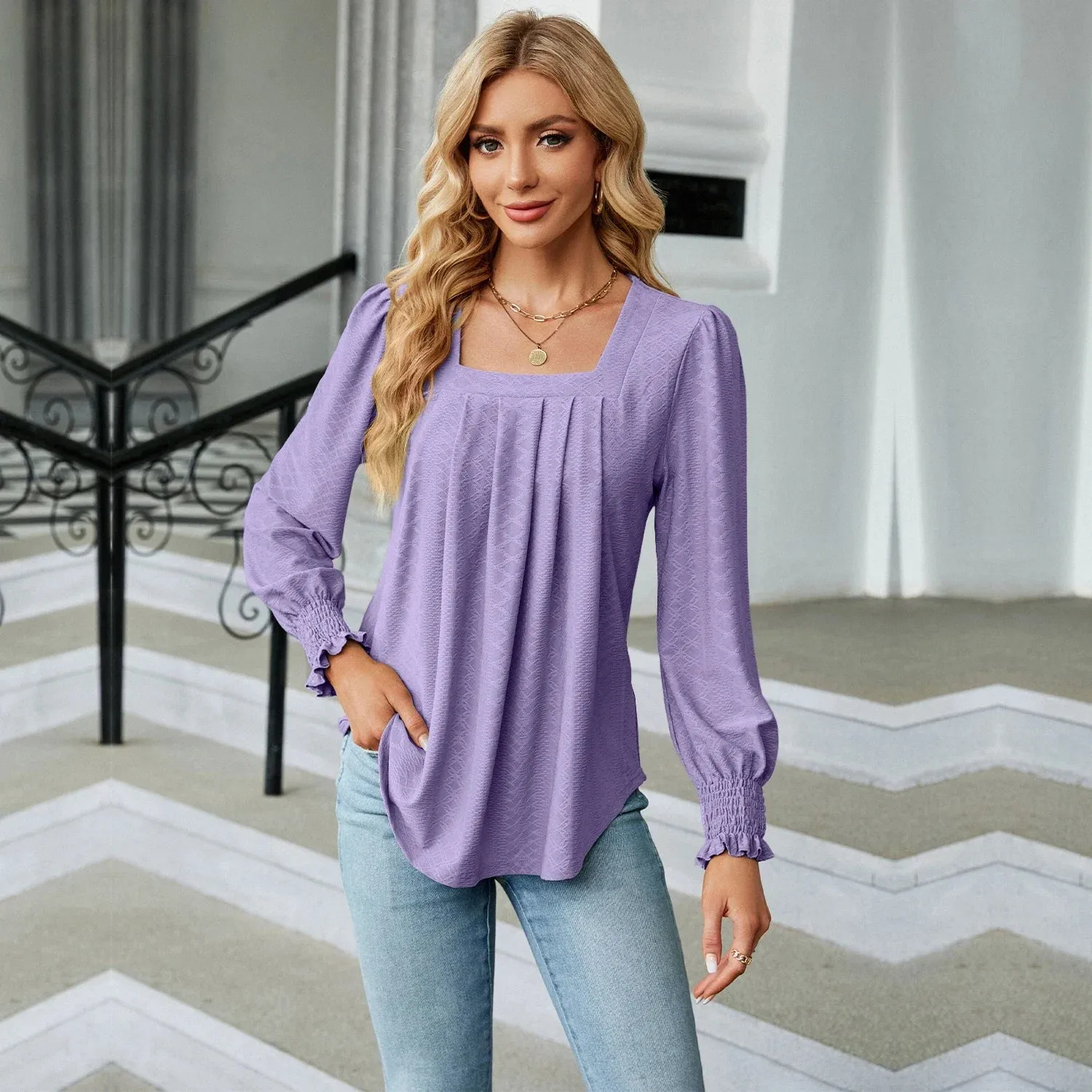 Fashion Woman Blouse Shirts For Women  Long Sleeve Square Neck Red Female Tops Chiffon Women's Autumn Clothing