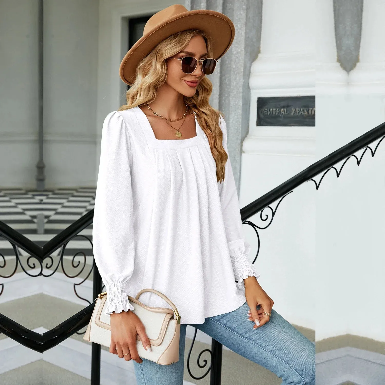 Fashion Woman Blouse Shirts For Women  Long Sleeve Square Neck Red Female Tops Chiffon Women's Autumn Clothing