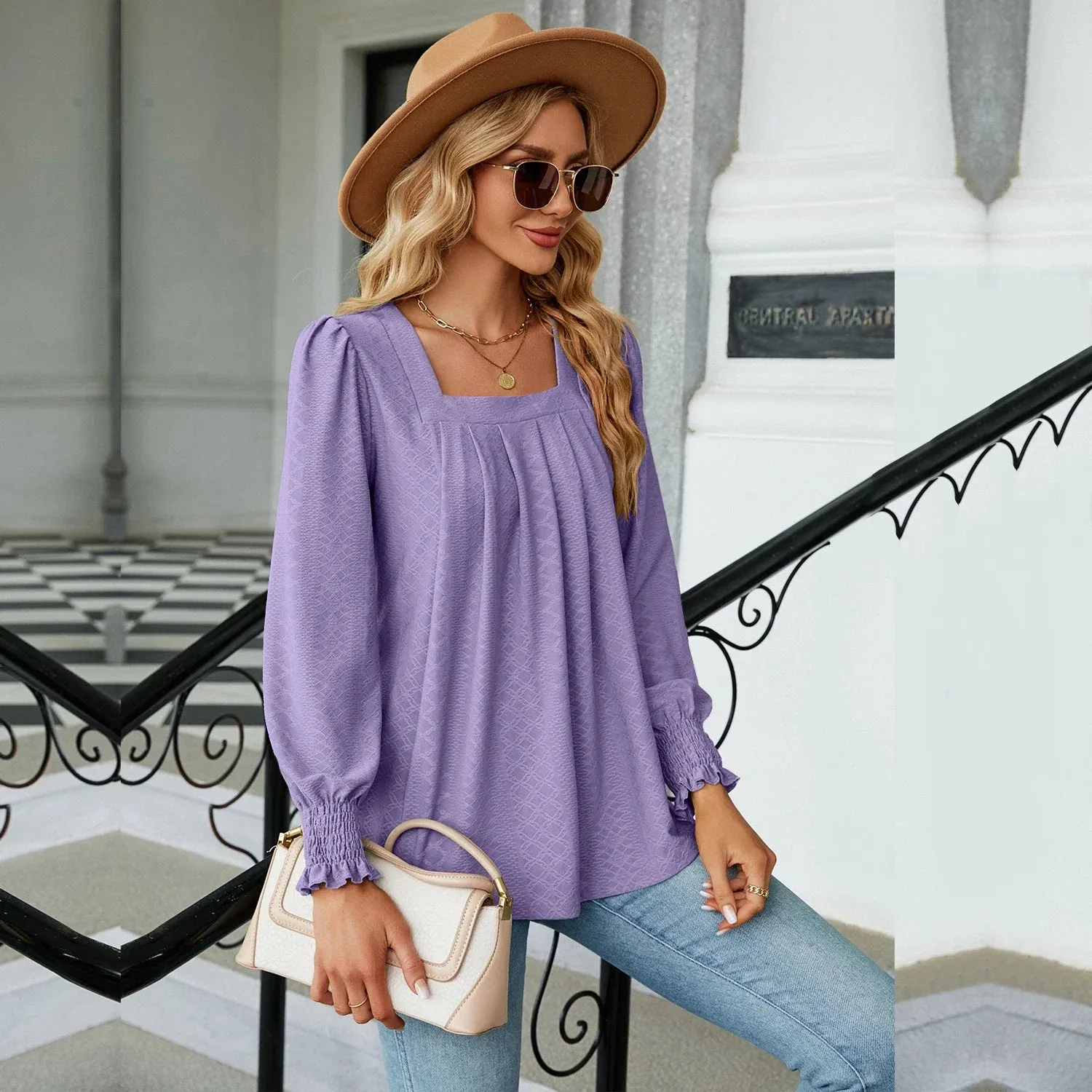 Fashion Woman Blouse Shirts For Women  Long Sleeve Square Neck Red Female Tops Chiffon Women's Autumn Clothing