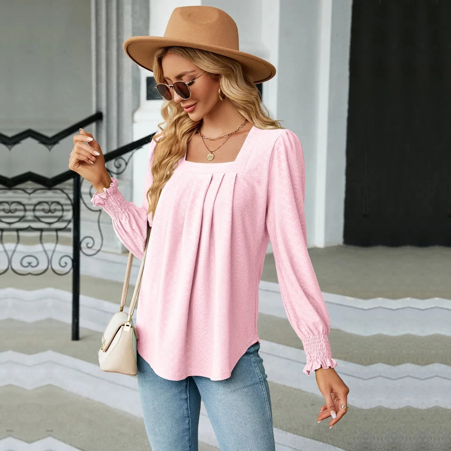 Fashion Woman Blouse Shirts For Women  Long Sleeve Square Neck Red Female Tops Chiffon Women's Autumn Clothing