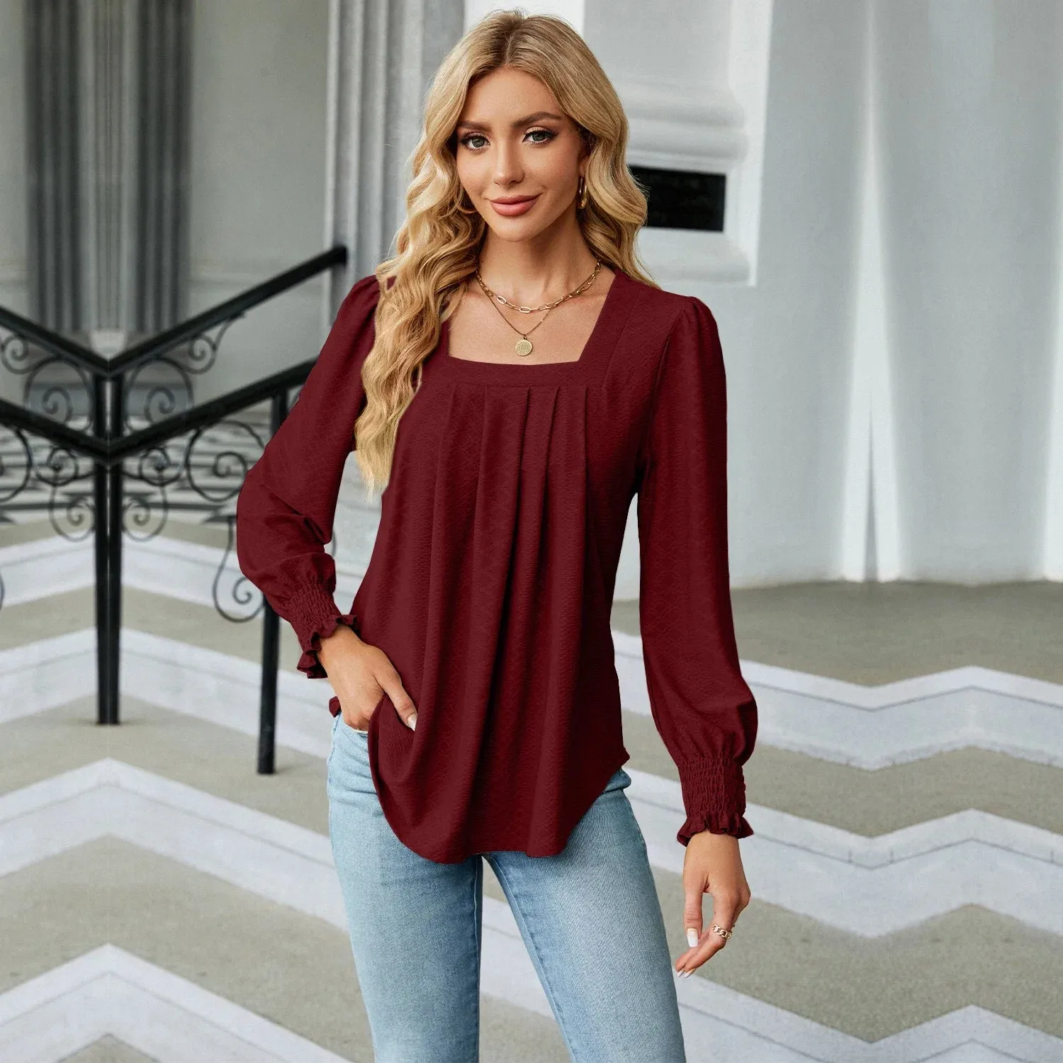 Fashion Woman Blouse Shirts For Women  Long Sleeve Square Neck Red Female Tops Chiffon Women's Autumn Clothing