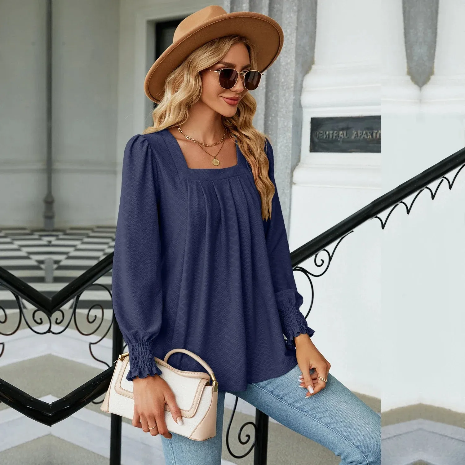 Fashion Woman Blouse Shirts For Women  Long Sleeve Square Neck Red Female Tops Chiffon Women's Autumn Clothing