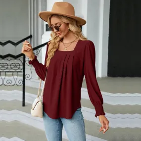 Fashion Woman Blouse Shirts For Women  Long Sleeve Square Neck Red Female Tops Chiffon Women's Autumn Clothing