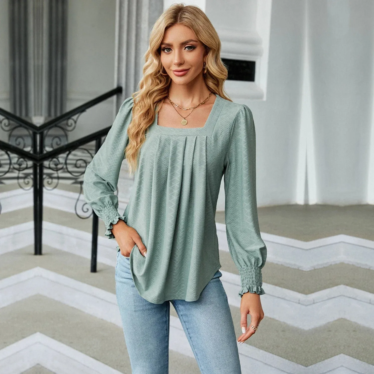 Fashion Woman Blouse Shirts For Women  Long Sleeve Square Neck Red Female Tops Chiffon Women's Autumn Clothing
