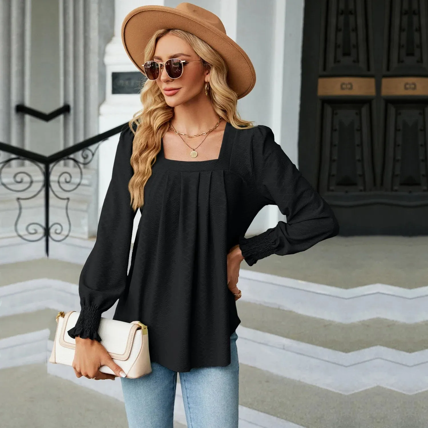 Fashion Woman Blouse Shirts For Women  Long Sleeve Square Neck Red Female Tops Chiffon Women's Autumn Clothing