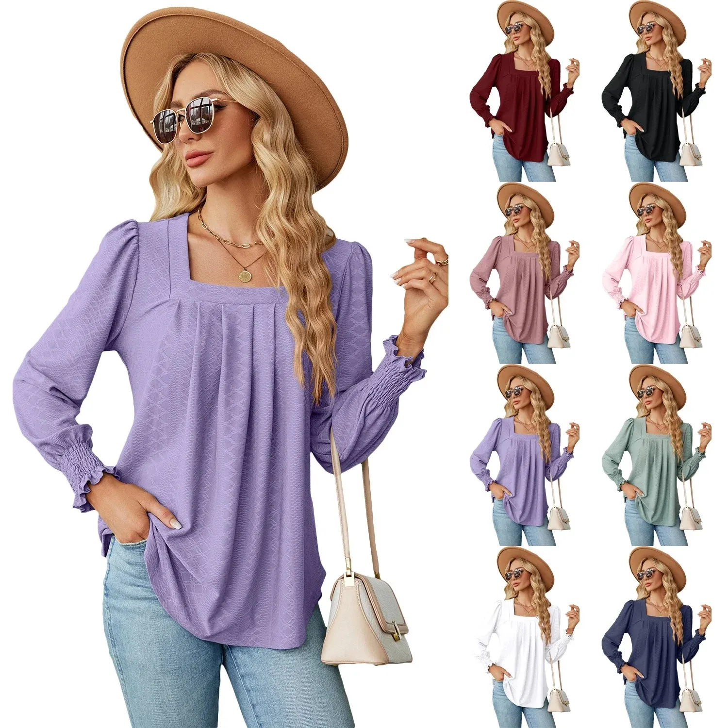 Fashion Woman Blouse Shirts For Women  Long Sleeve Square Neck Red Female Tops Chiffon Women's Autumn Clothing