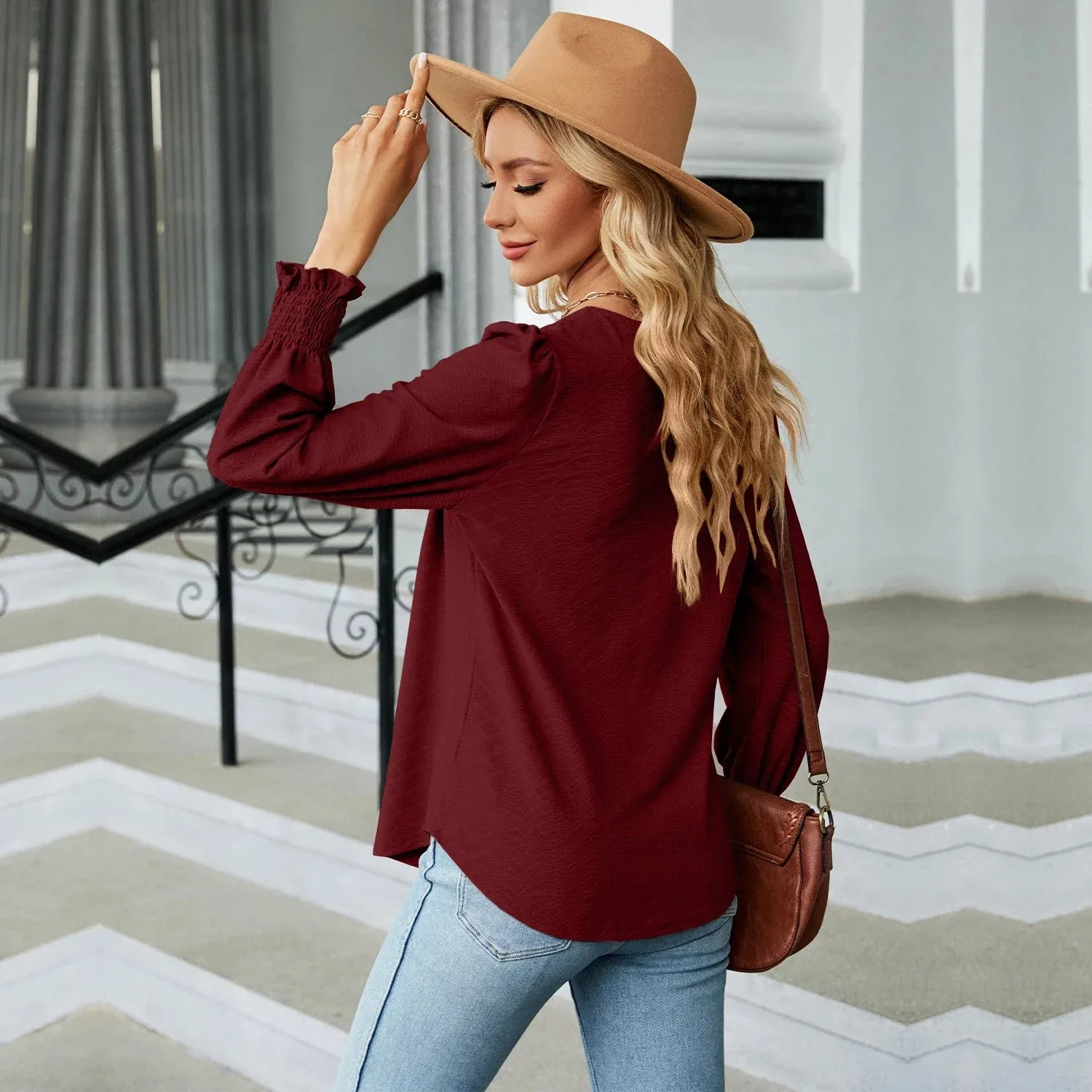 Fashion Woman Blouse Shirts For Women  Long Sleeve Square Neck Red Female Tops Chiffon Women's Autumn Clothing