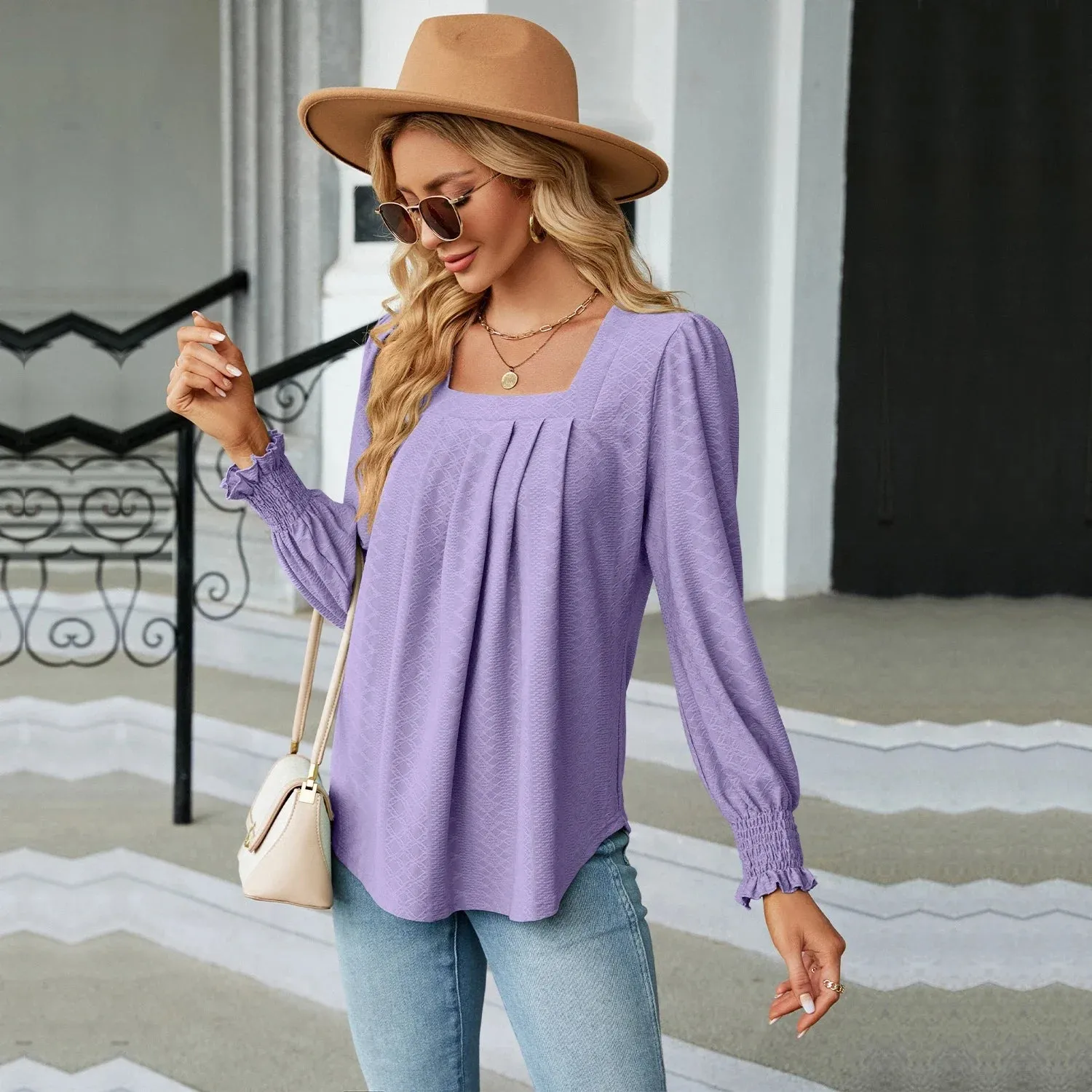 Fashion Woman Blouse Shirts For Women  Long Sleeve Square Neck Red Female Tops Chiffon Women's Autumn Clothing