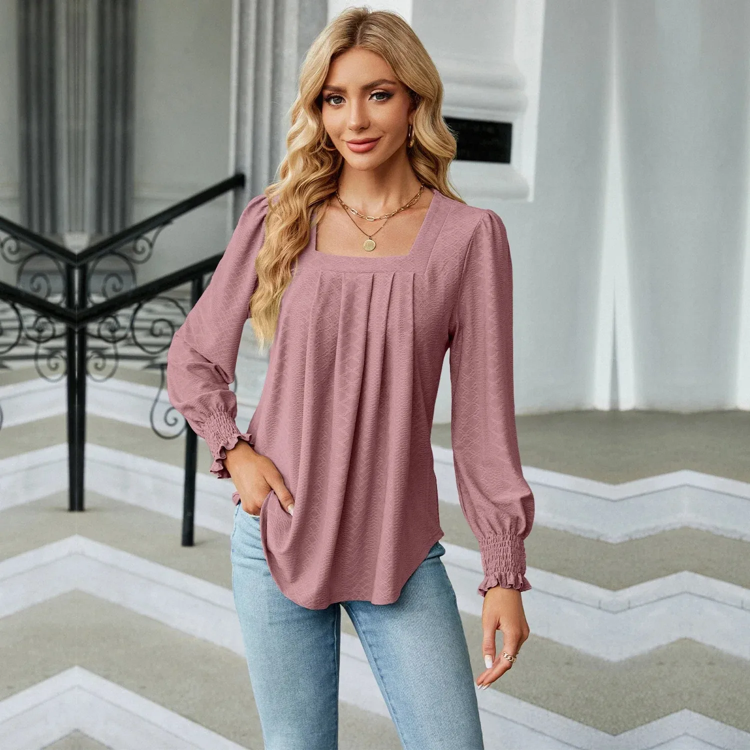 Fashion Woman Blouse Shirts For Women  Long Sleeve Square Neck Red Female Tops Chiffon Women's Autumn Clothing