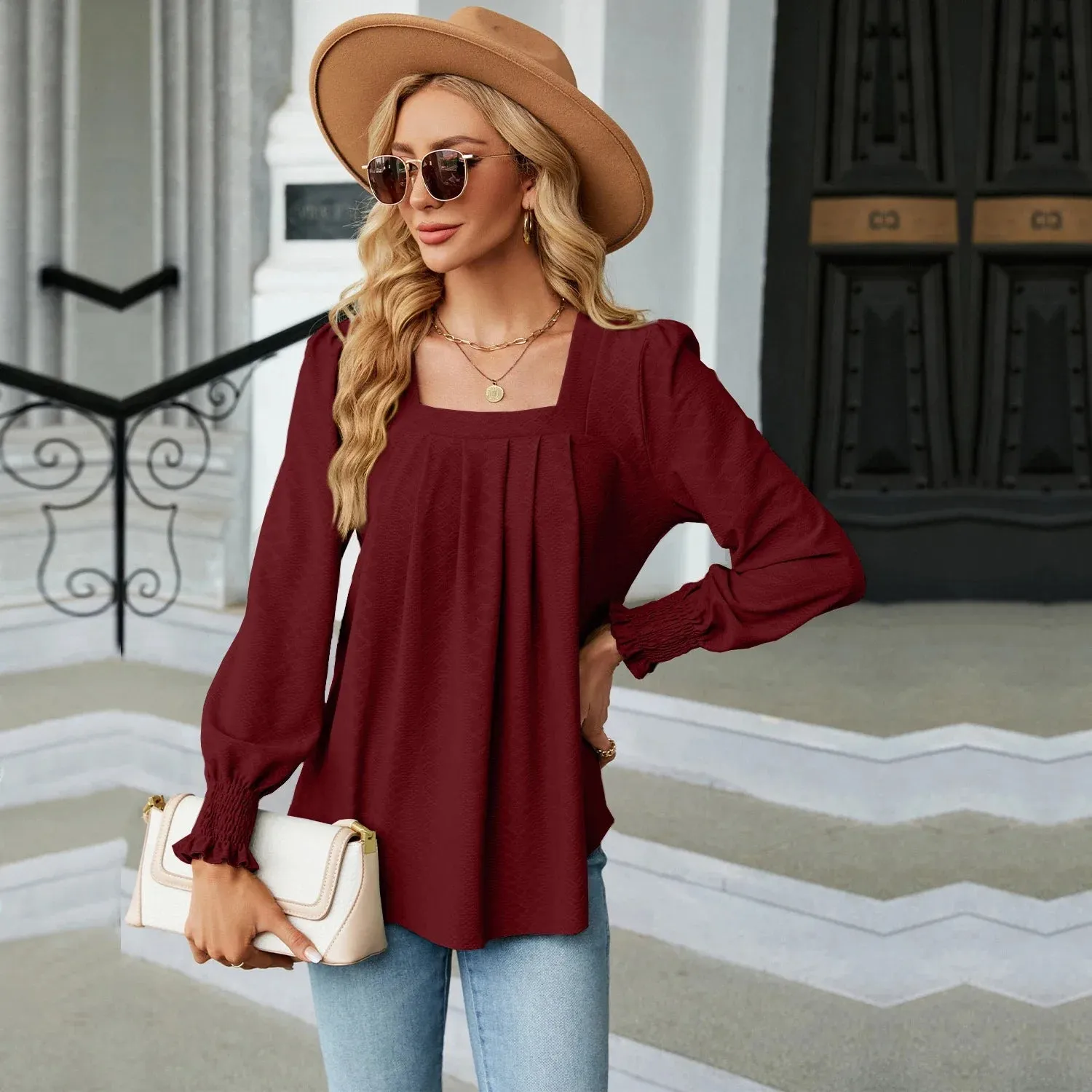 Fashion Woman Blouse Shirts For Women  Long Sleeve Square Neck Red Female Tops Chiffon Women's Autumn Clothing