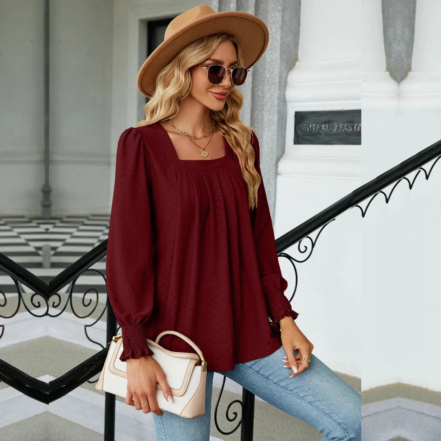 Fashion Woman Blouse Shirts For Women  Long Sleeve Square Neck Red Female Tops Chiffon Women's Autumn Clothing