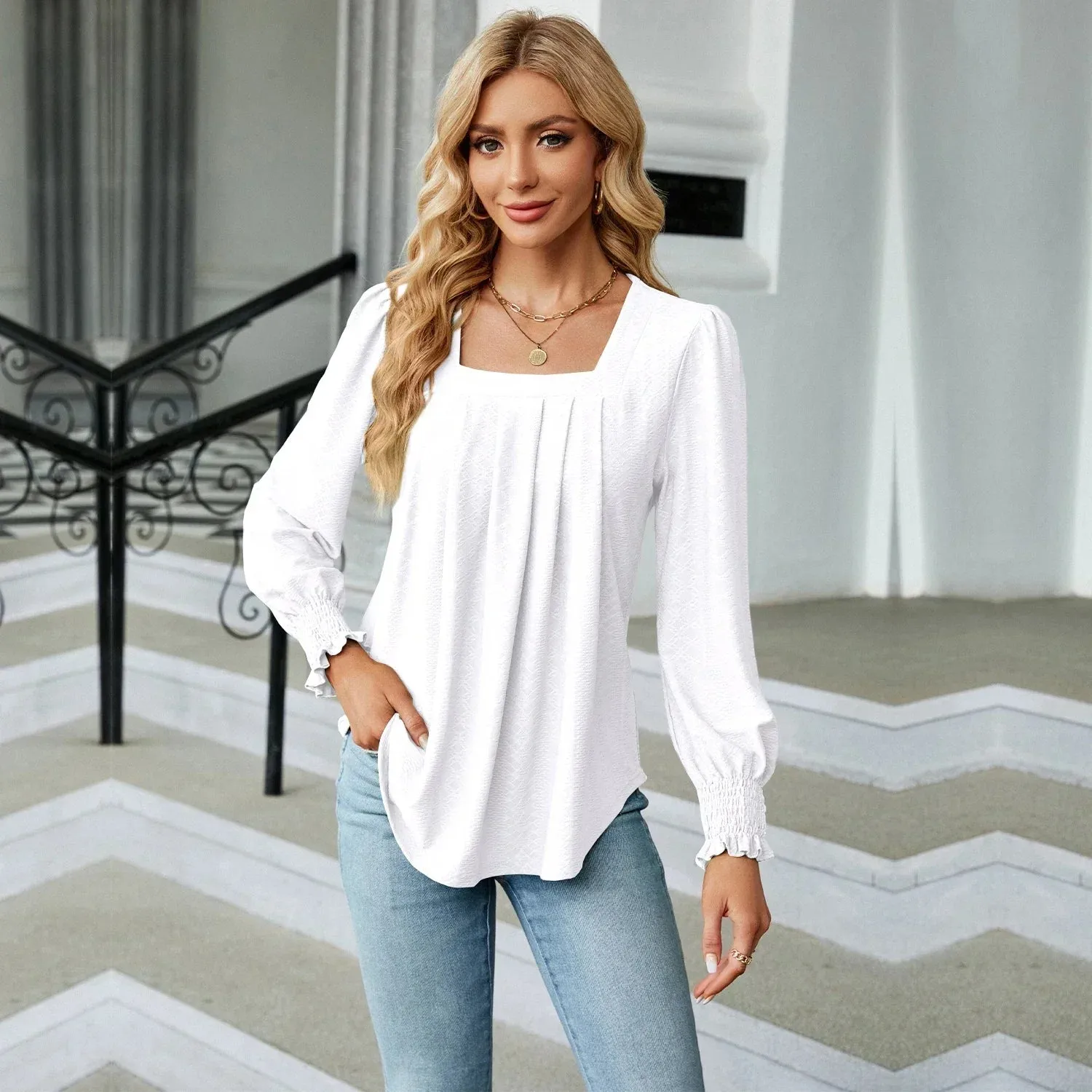 Fashion Woman Blouse Shirts For Women  Long Sleeve Square Neck Red Female Tops Chiffon Women's Autumn Clothing