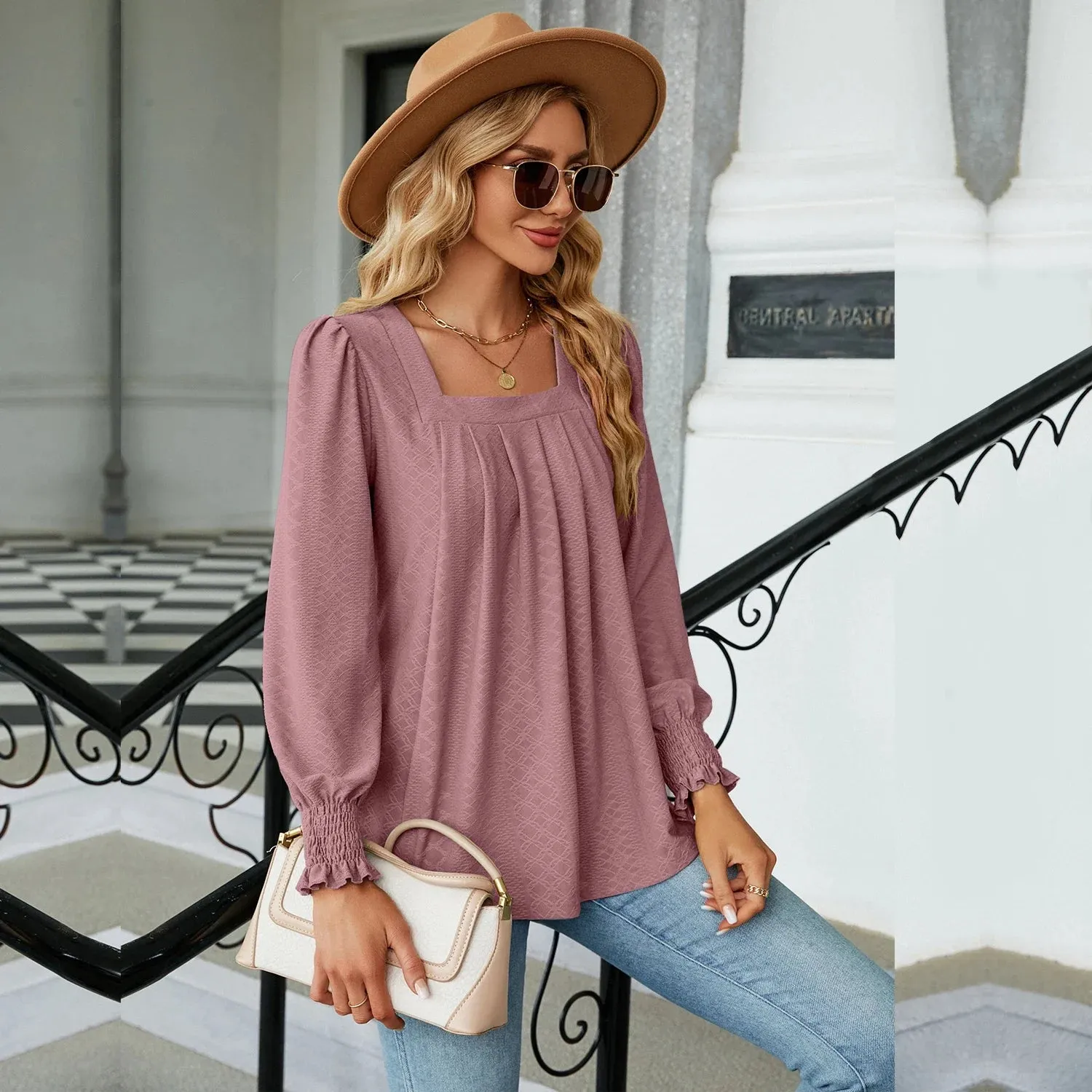 Fashion Woman Blouse Shirts For Women  Long Sleeve Square Neck Red Female Tops Chiffon Women's Autumn Clothing