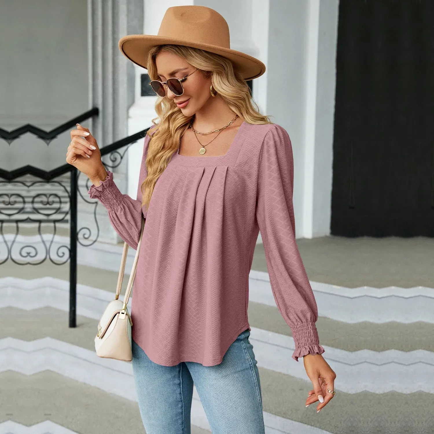 Fashion Woman Blouse Shirts For Women  Long Sleeve Square Neck Red Female Tops Chiffon Women's Autumn Clothing