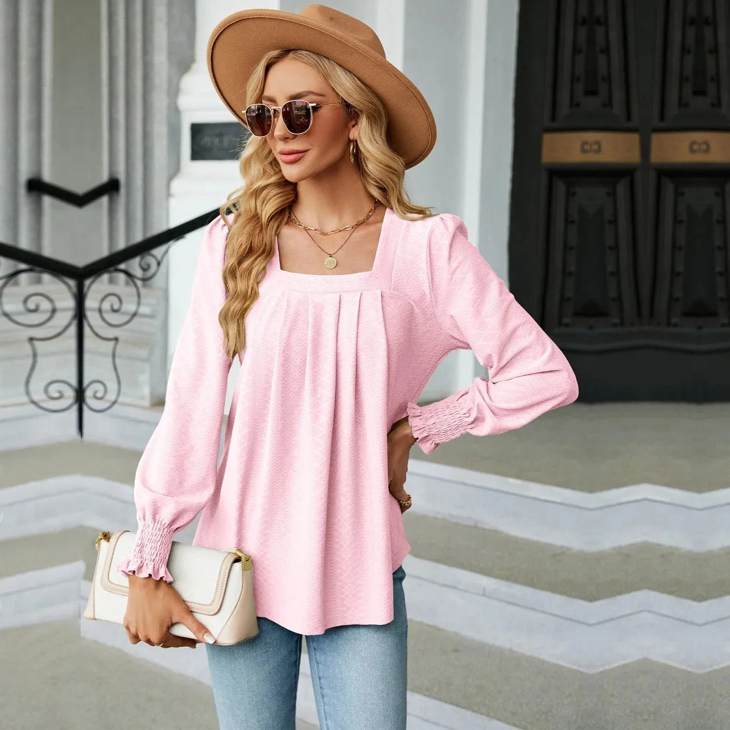 Fashion Woman Blouse Shirts For Women  Long Sleeve Square Neck Red Female Tops Chiffon Women's Autumn Clothing