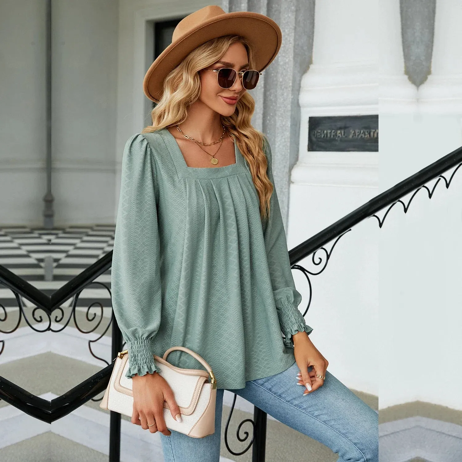 Fashion Woman Blouse Shirts For Women  Long Sleeve Square Neck Red Female Tops Chiffon Women's Autumn Clothing