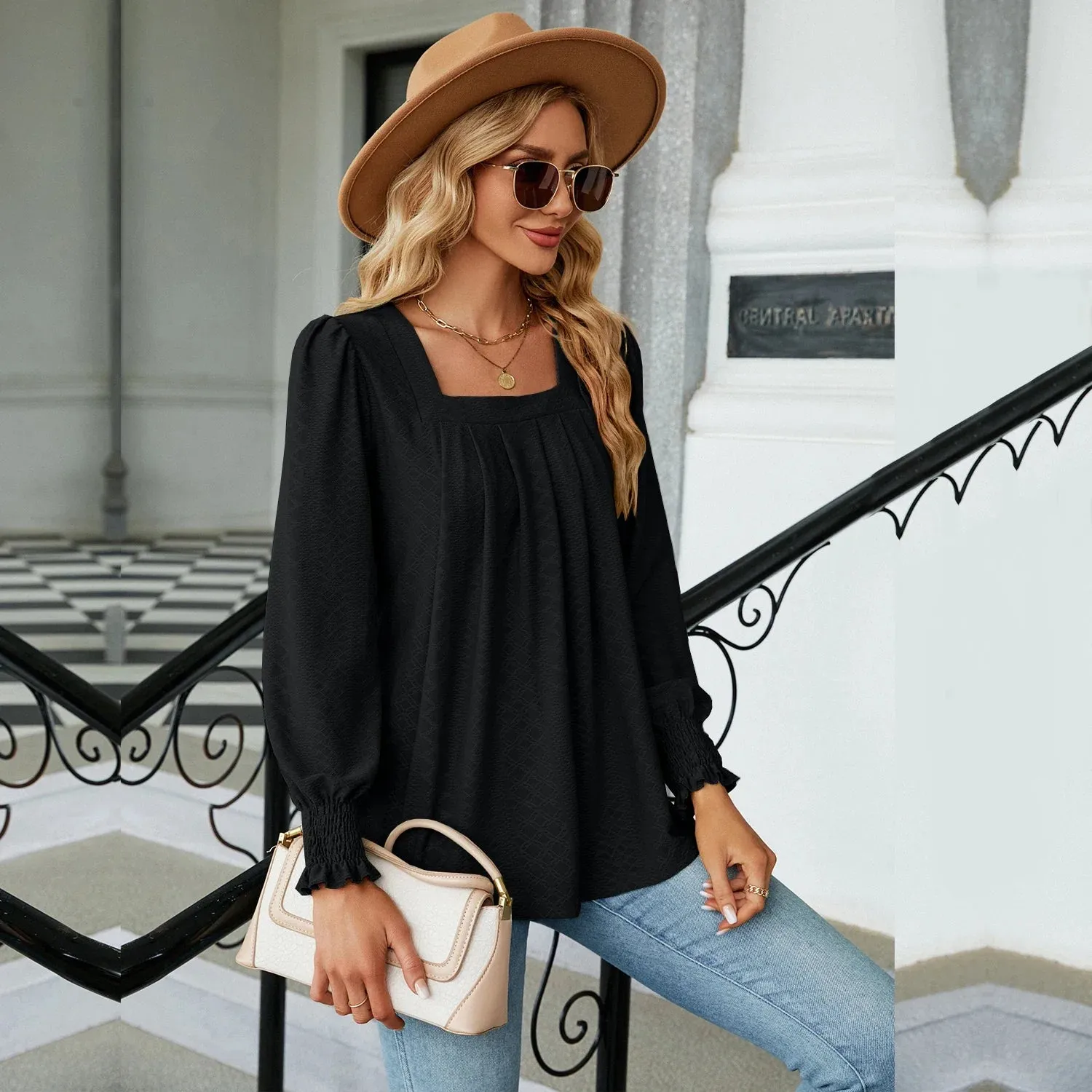 Fashion Woman Blouse Shirts For Women  Long Sleeve Square Neck Red Female Tops Chiffon Women's Autumn Clothing