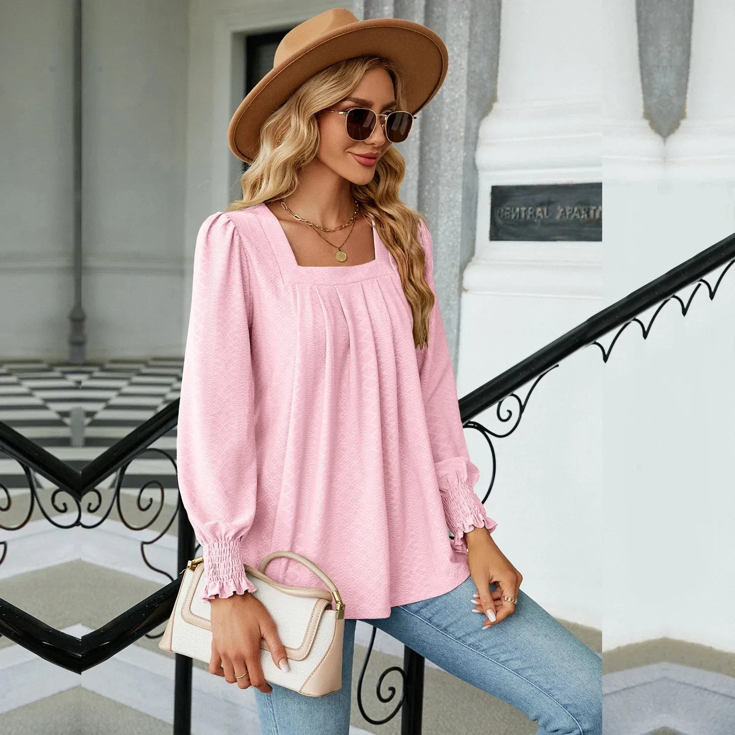 Fashion Woman Blouse Shirts For Women  Long Sleeve Square Neck Red Female Tops Chiffon Women's Autumn Clothing