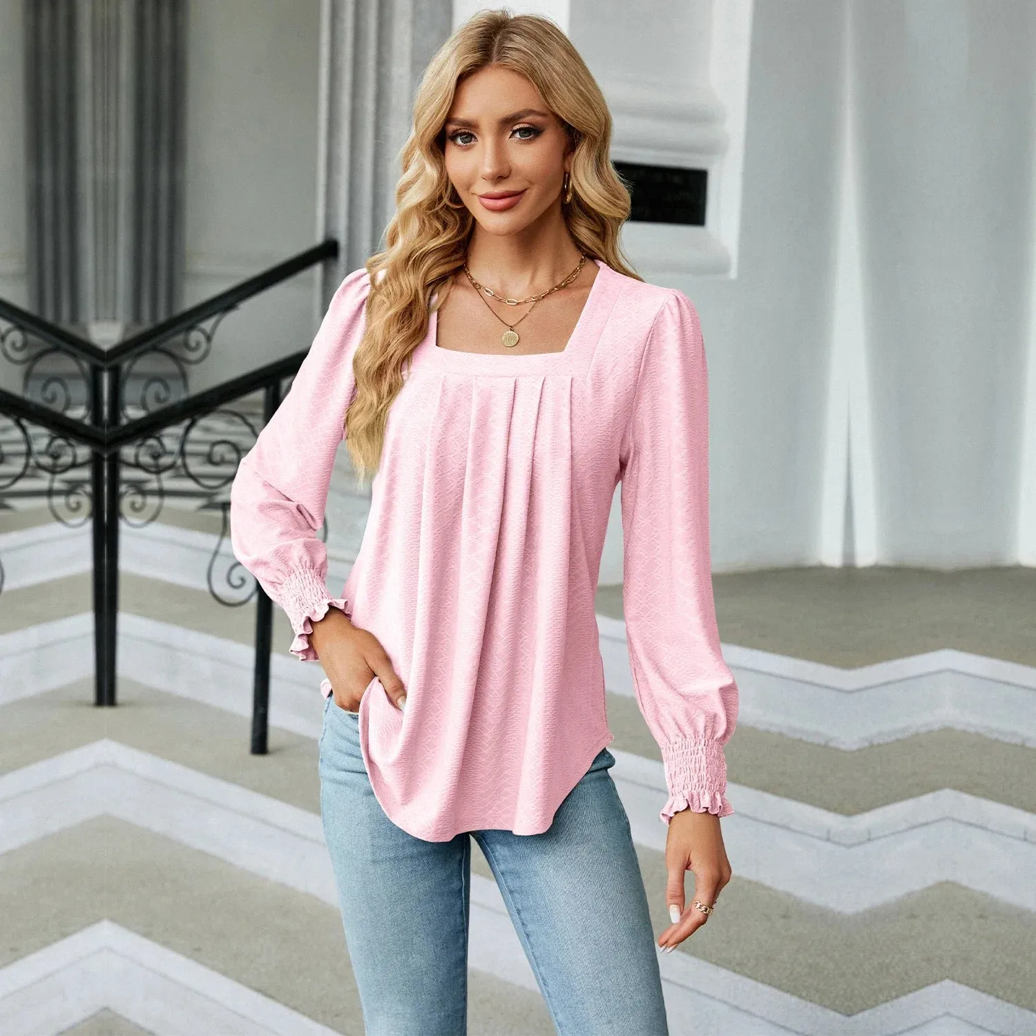 Fashion Woman Blouse Shirts For Women  Long Sleeve Square Neck Red Female Tops Chiffon Women's Autumn Clothing