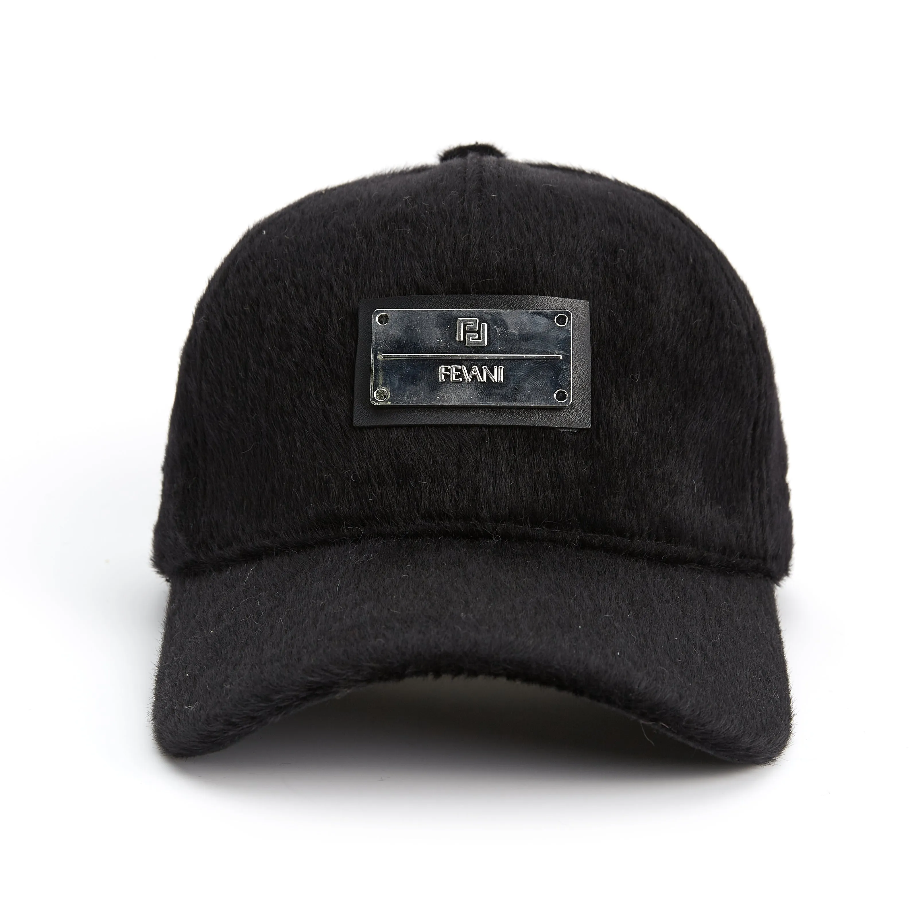 Fevani Black Mohair Baseball Cap With Metal Badge