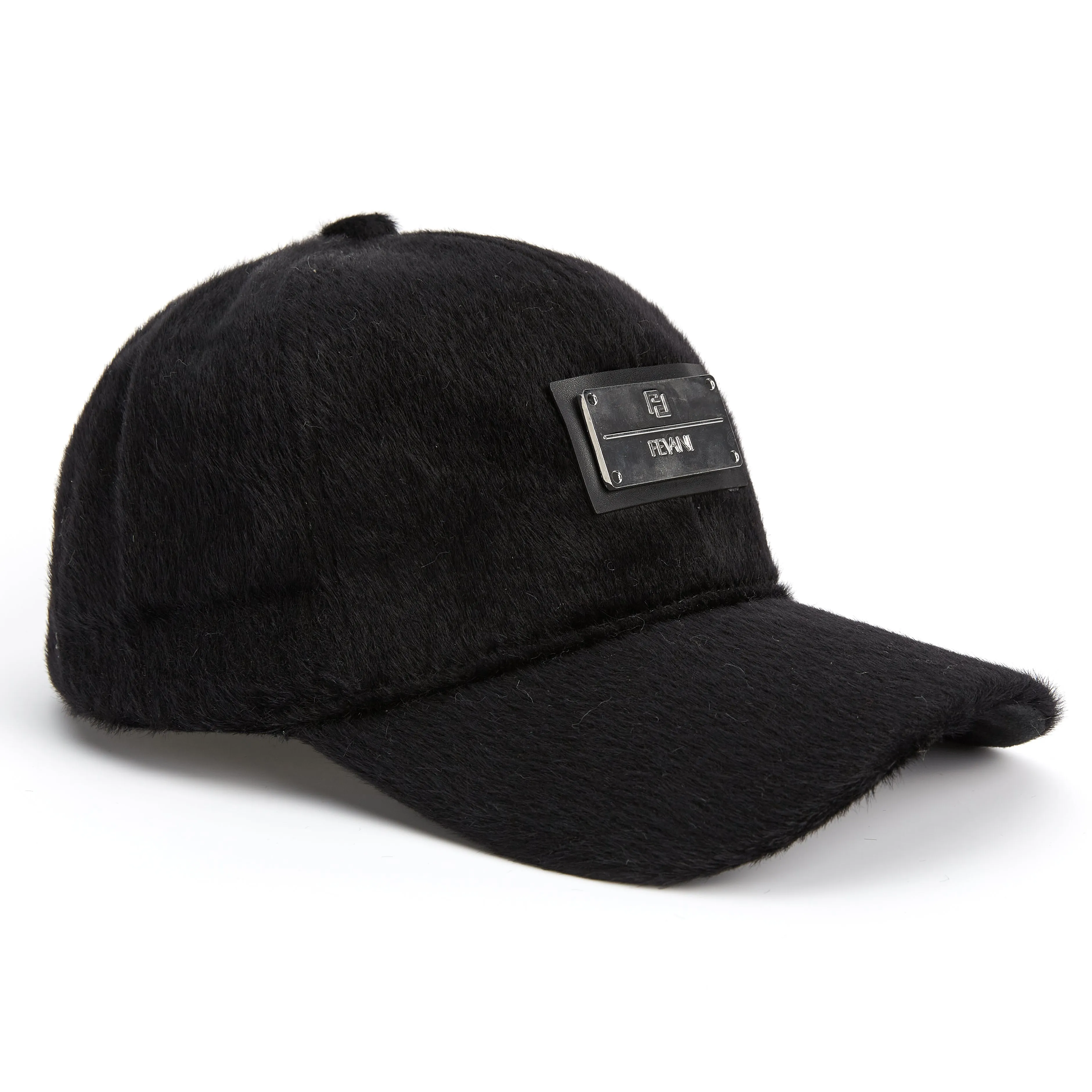 Fevani Black Mohair Baseball Cap With Metal Badge