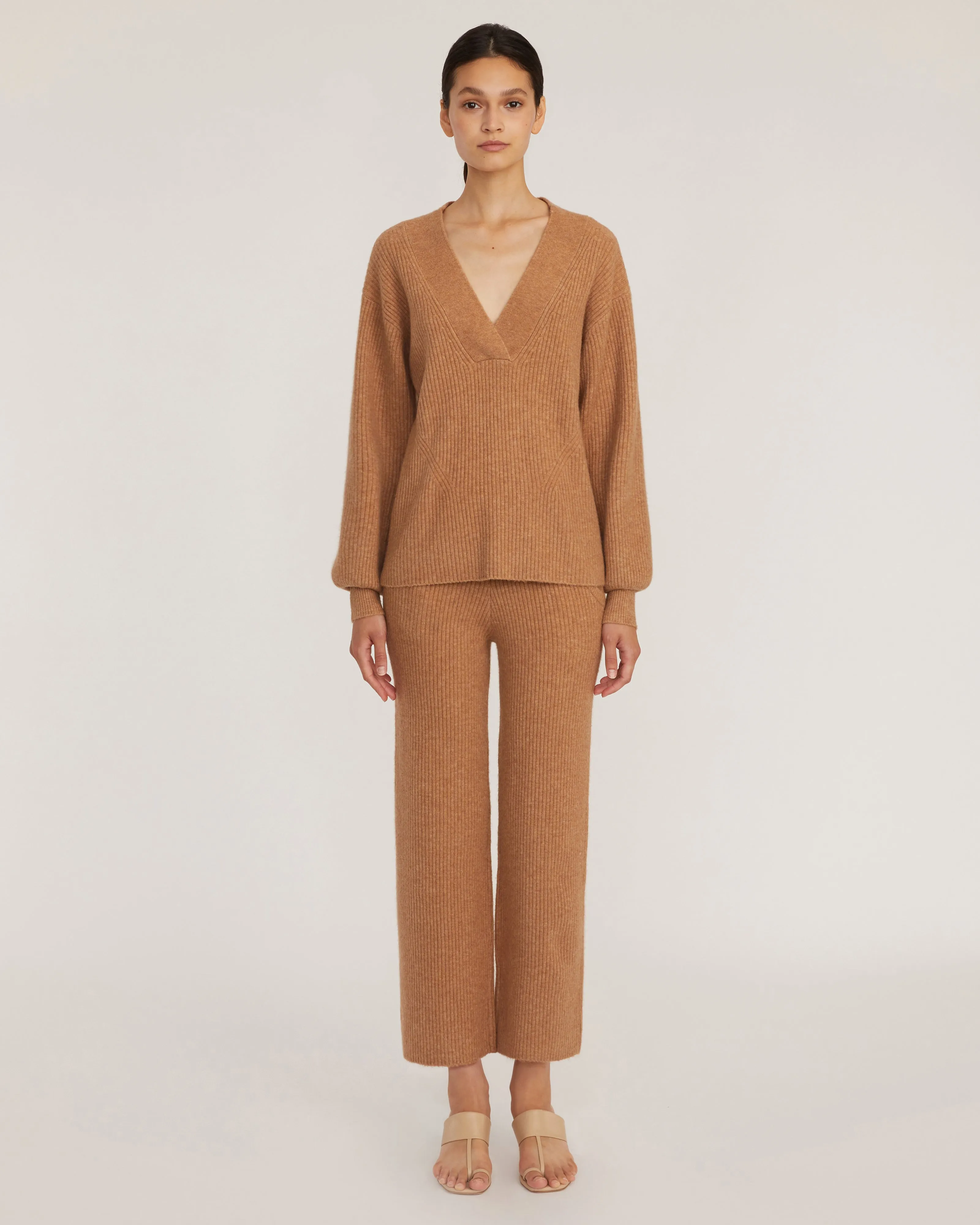 Fritz Ribbed Cashmere Blend V Neck Sweater in Camel