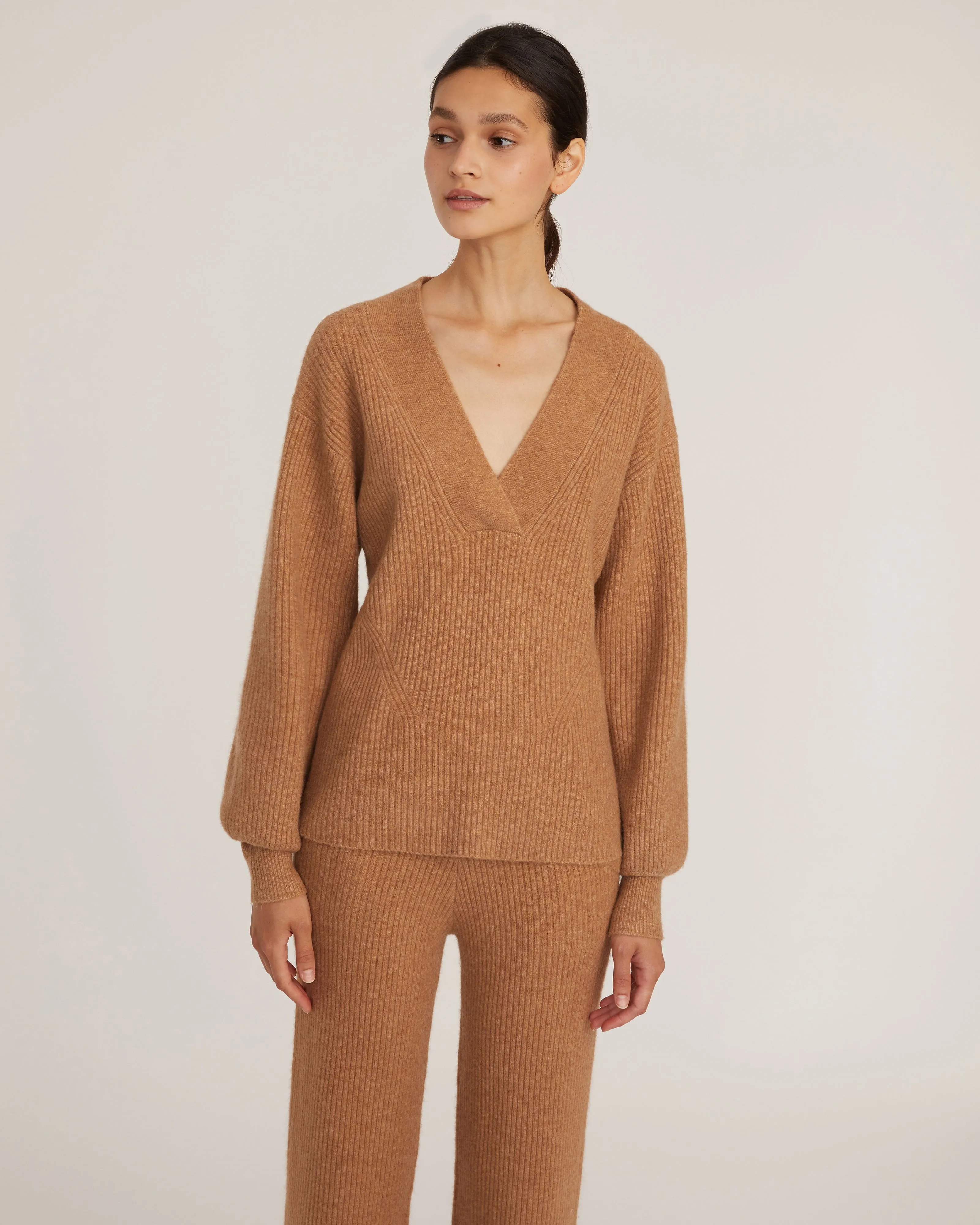 Fritz Ribbed Cashmere Blend V Neck Sweater in Camel