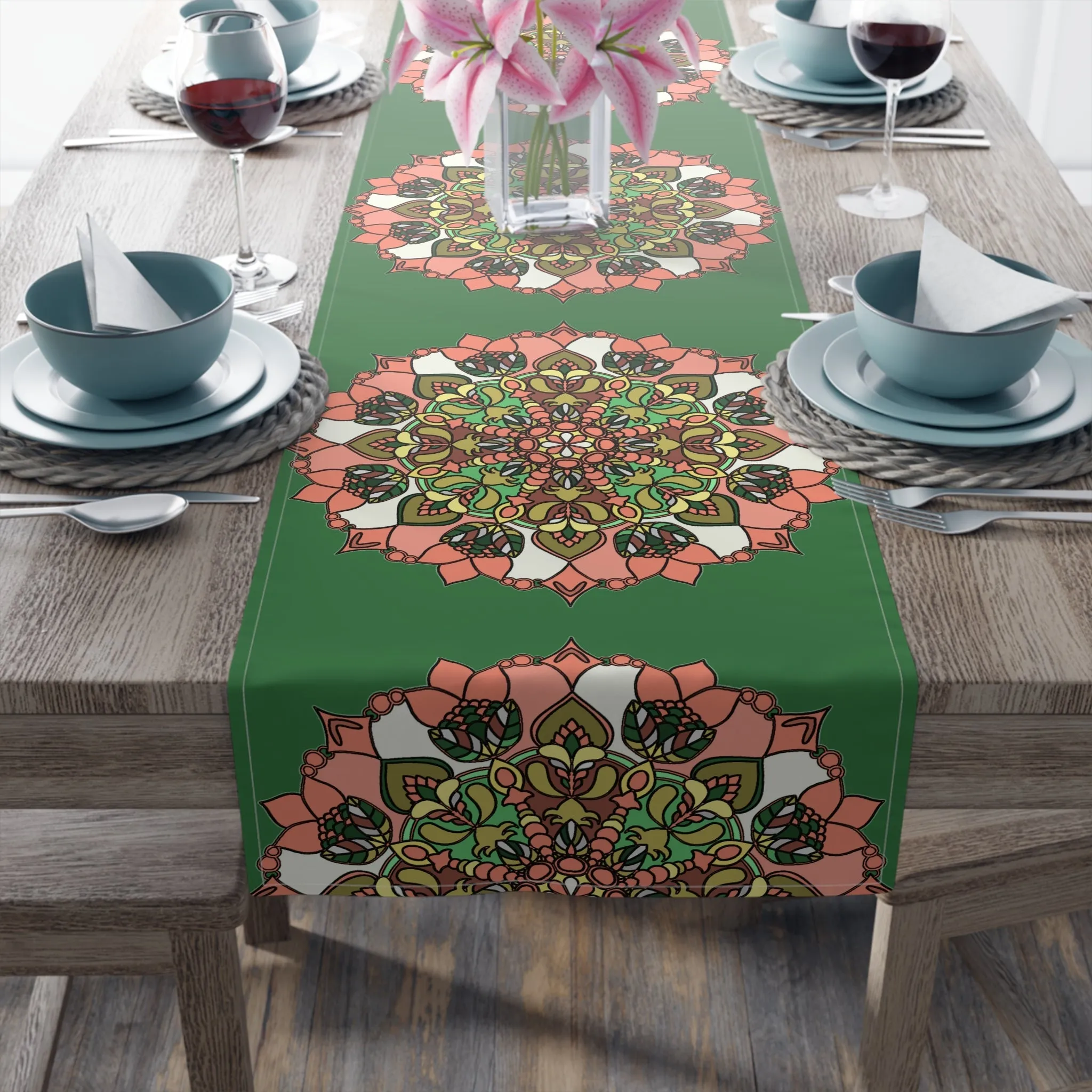 Hand Drawn Green Mandala Art Christmas Table Runner