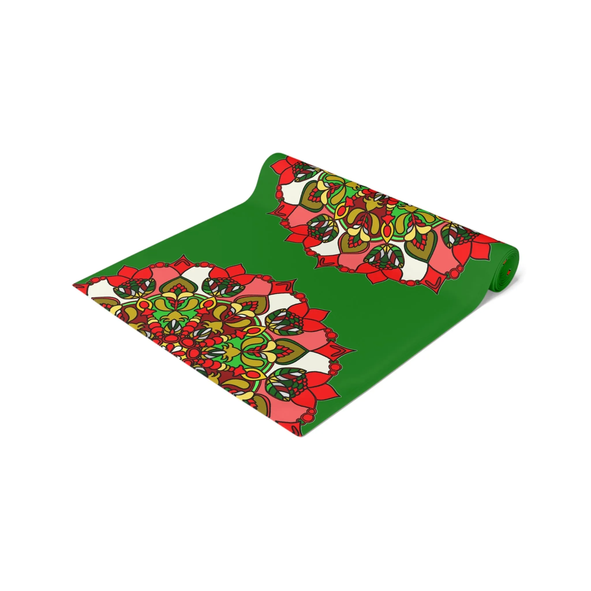 Hand Drawn Green Mandala Art Christmas Table Runner