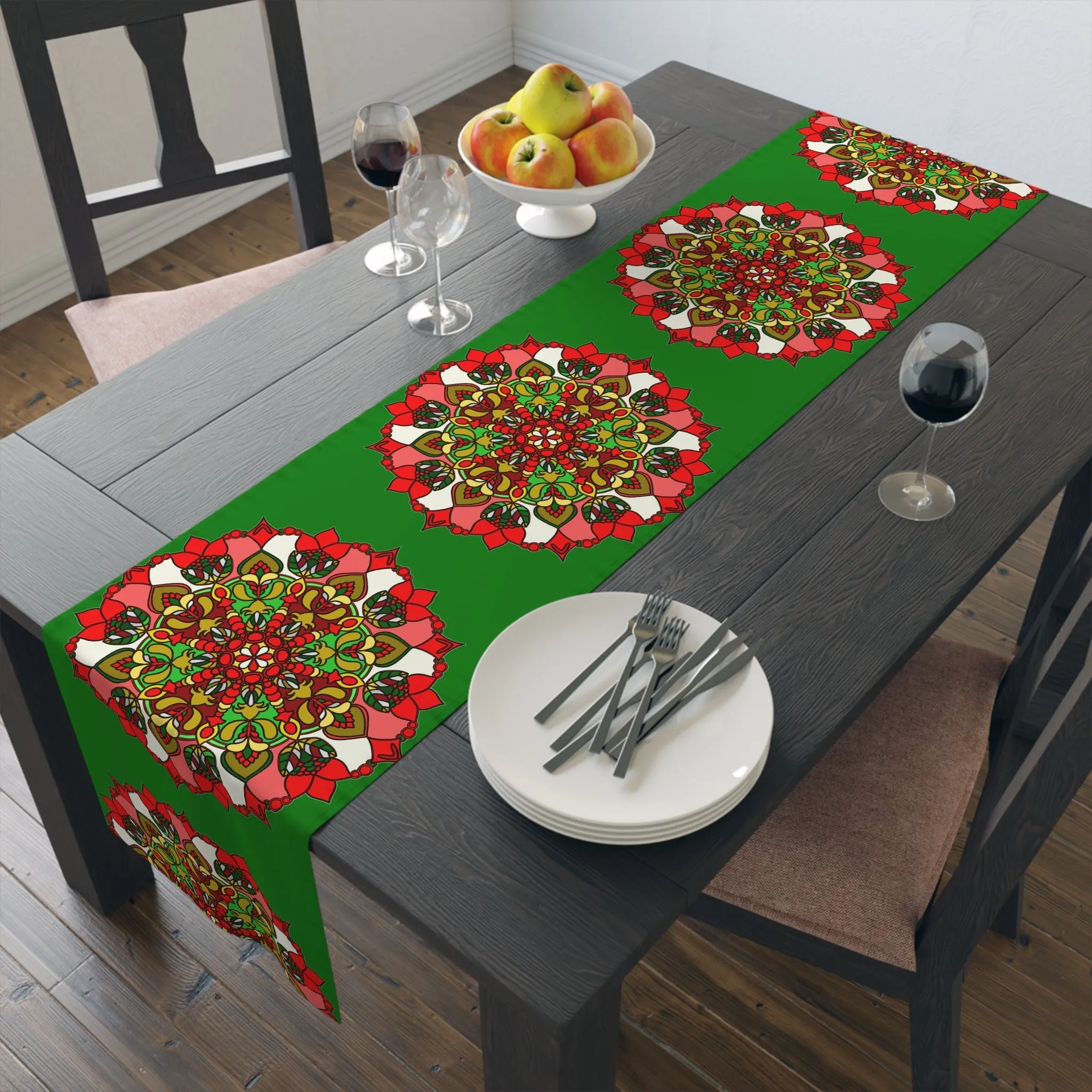 Hand Drawn Green Mandala Art Christmas Table Runner