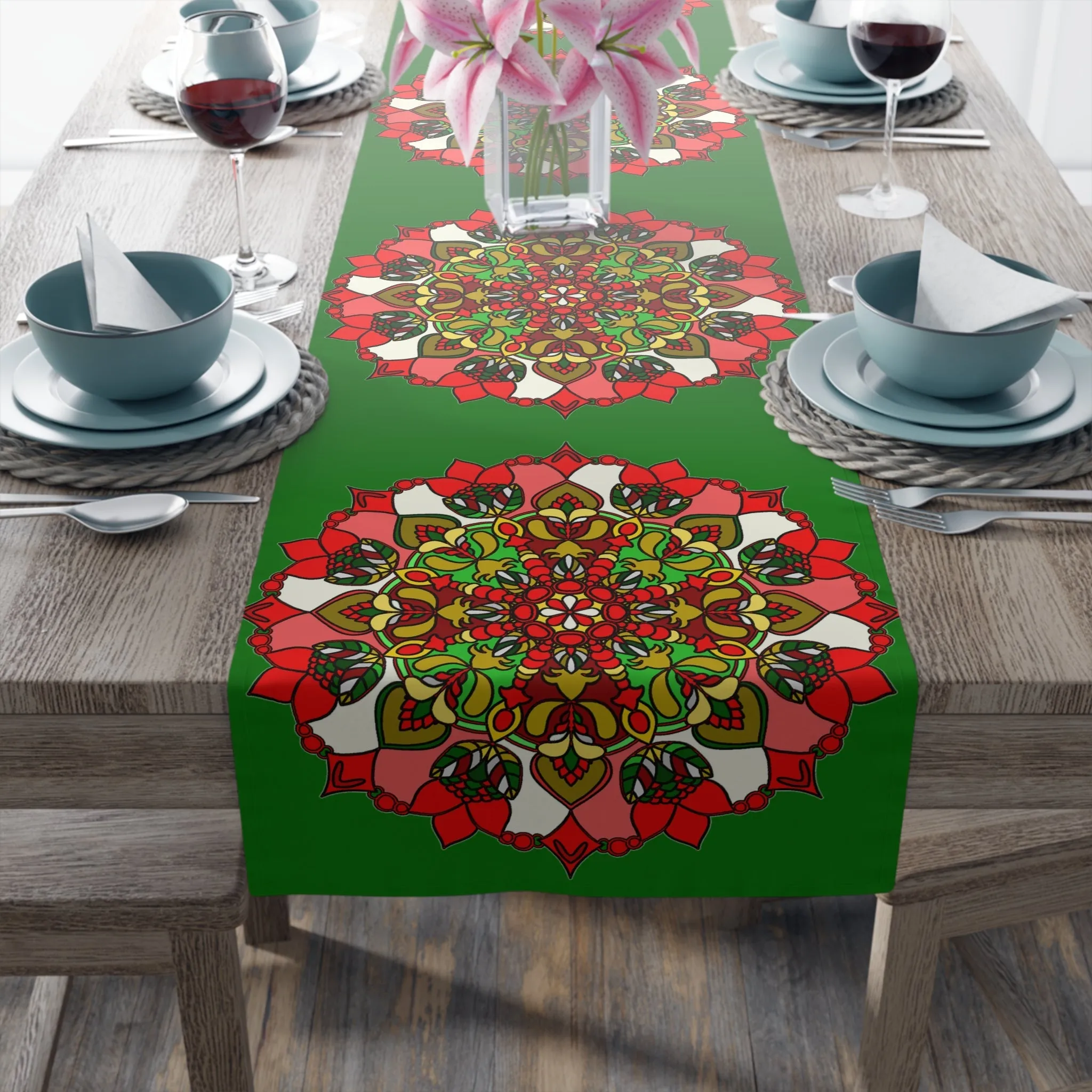 Hand Drawn Green Mandala Art Christmas Table Runner